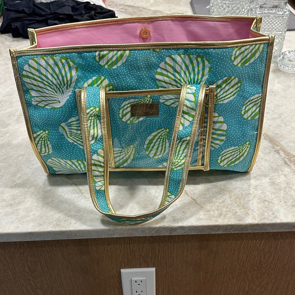 Lilly Pulitzer Teal and Gold Shell Tote Large